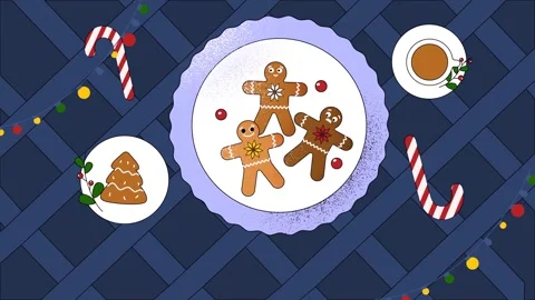 2D animated gingerbread men and tree appearing with candy and coffee Vidéo 257867126