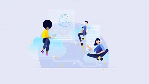 2d Animated Group Of Man And Women Floating Working On Clouds Vidéo 262176102