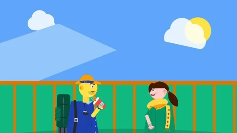 2D Animated Illustration Of Friends Talking Outdoors With Mountain Background Stock Footage 341266950