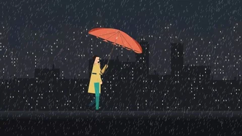 2D Animated Man Walking In City Night Opens Orange Umbrella Under Rain Video stock 341266584