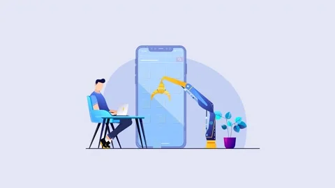 2d Animated Man Working On App Development On Laptop Vidéo 262176193