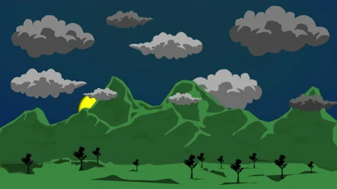 2D animated mountains landscape night to day Stock Footage 231202570