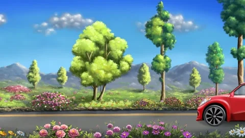2d animated red car driving through tree-lined avenue, green screen. Stock Footage 295536254