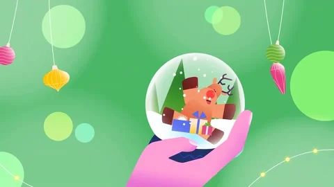 2D animated scene inside snow globe changing Being shakes by hand Video stock 257867192