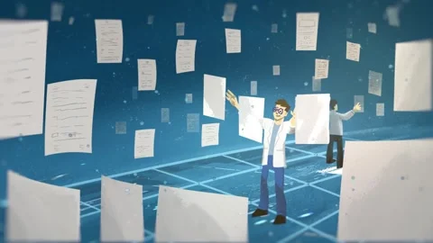 2d Animated Scientist With Flying Paper Documents - High Quality Stock Footage Stock Footage 310735787