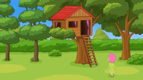 2d animated serene treehouse surrounded by nature in green screen. Stock Footage 295536214