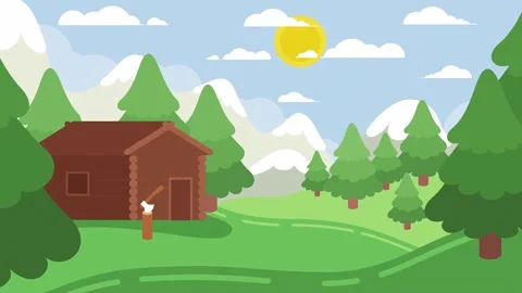 2d Animated Static Scene Of Rural Landscape With A Forest Cabin Video stock 261426785