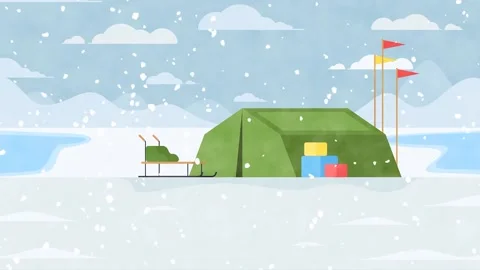 2d Animated Static Scene Of Winter Camping In Snow Covered Area Video stock 261427004