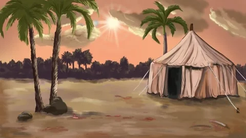 2d animated tranquil desert with tent and sand dunes, green screen. Stock Footage 295536240
