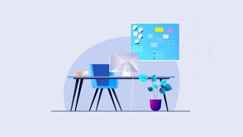 2d Animated Working Environment With Desktop PC And Board Stock-Footage 262176131