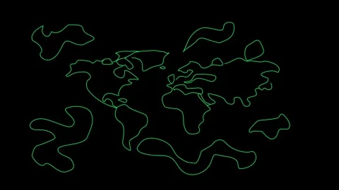 2D Animated World Map, White Line Art on Black, Digital Connectivity Concept Stock Footage 310281601