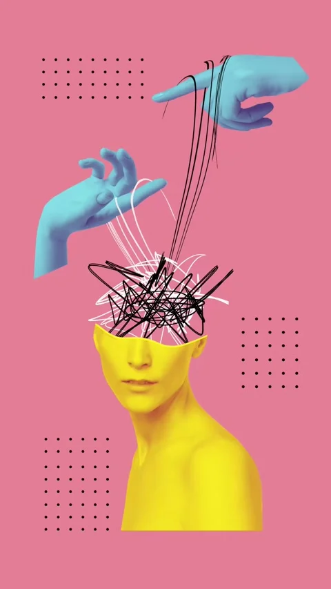 2D animation. Abstract human brain and human hands, drawn style. Vídeo Stock 280953888