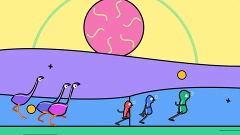 2D Animation Of Alien Characters Chased By Emu Birds In A Fantasy Landscape Stock Footage 341397796