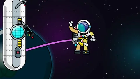 2D Animation Of Astronaut Floating In Space Connected To A Spaceship By A Tether Video stock 341172655