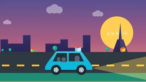 2D Animation Of A Blue Car Driving Through Paris Cityscape At Twilight Stock Footage 341302817