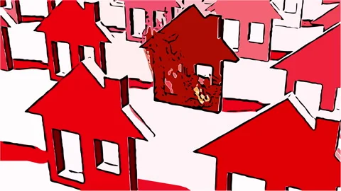 2d animation in comic style - Burning home icon in flames Stock Footage 164295500