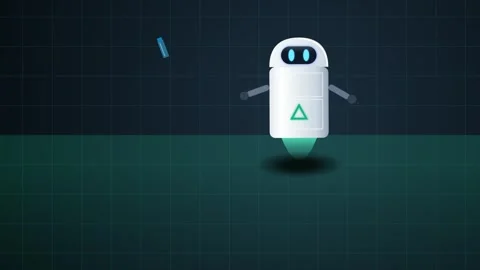 2D Animation Of A Cute Futuristic Robot Bouncing On A Grid Background Stock Footage 340468597