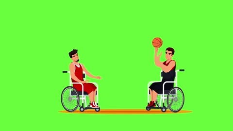 A 2D animation featuring two men in wheelchairs playing basketball Stock Footage 291301718