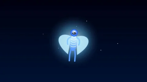 2D animation of a glowing blue alien flying and landing with a parachute Stock Footage 340388017