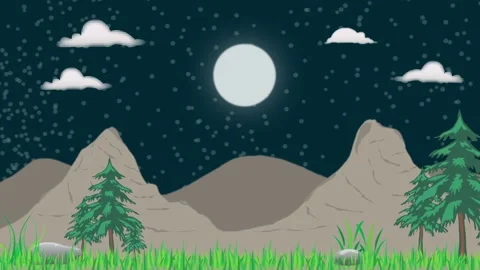 2d animation of a landscape with 2d motion of moon and clouds. Stock Footage 202337050
