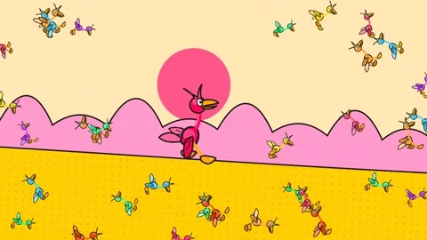 2D Animation Of A Large Pink Emu Surrounded By Swirling Smaller Emus Video stock 341397129