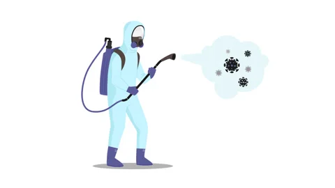 2d Animation of Man in Protective Equipment making corona virus disinfection Video stock 148116789