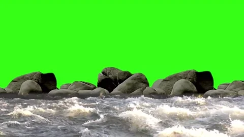 . 2d animation of an ocean with rocks beside flowing  on a green background. Vidéo 265149891
