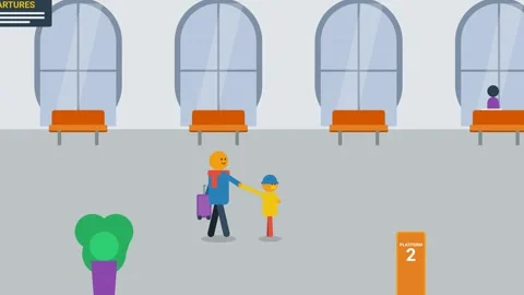2D Animation Parent And Child Walking Through A Train Station Stock Footage 341302545