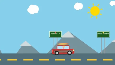 2D Animation Of Red Car With Surfboard Driving On A Mountain Road Stock Footage 341265770