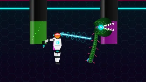 2D Animation Of Robot Shooting Laser At Plant Monster In Lab Stock Footage 340941865