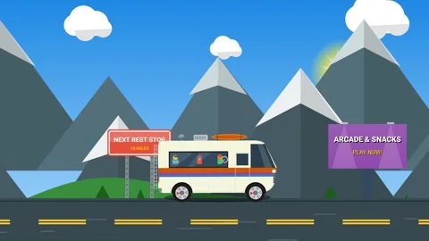 2D Animation Of RV Camper Driving On A Highway Through Mountains Stock Footage 341265485