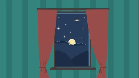 2D animation of stars twinkling in the night sky outside the window. Stock-Footage 128470853
