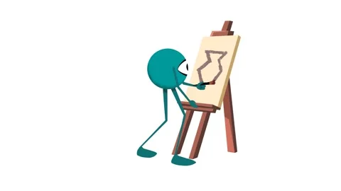 2D animation of a stylized cartoon alien drawing a painting on canvas. Stock Footage 300020617
