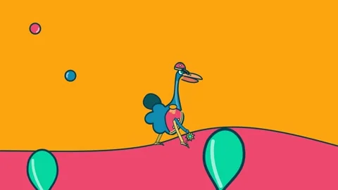 2D Animation Of A Stylized Emu Walking In A Surreal Landscape Stock Footage 341396352