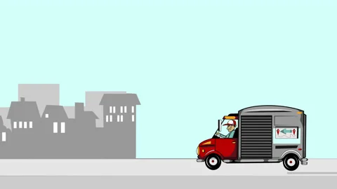2D animation of truck full of different goods and parcels moving city background Video stock 132368187