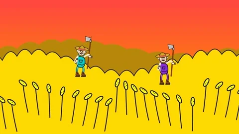 2D Animation Of Two Farmers In A Wheat Field Holding Hoes At Sunset Stockbeeldmateriaal 341399348