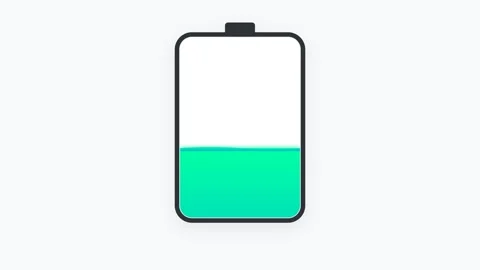 2D battery icon filling with glowing emerald green and teal liquid energy o.. Видео 346202117