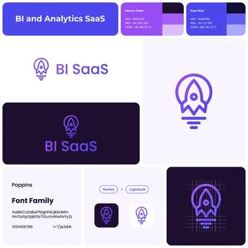 2D BI and analytics SaaS template rocket and lightbulb logo Stock Illustration