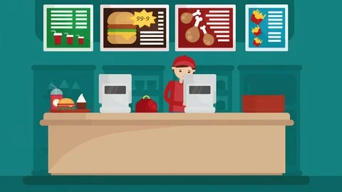 2d Boy Working As A Cashier At Fast Food Restaurant Vidéo 305159291
