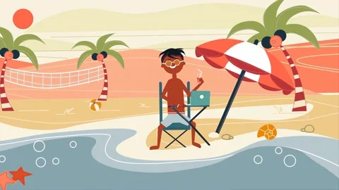 2d Boy Working On Laptop On Sea Beach Drinking Juice Vídeos de archivo 262247687