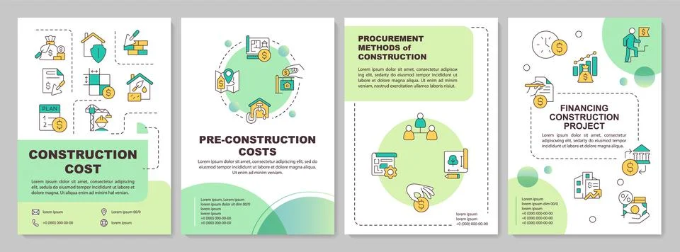 2D brochure with green gradient construction cost line icons Ilustración de archivo