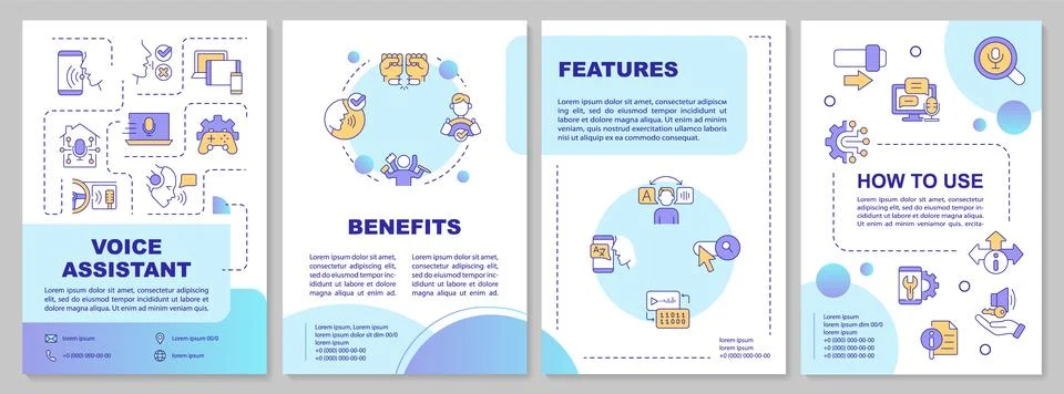 2D brochure with voice assistant linear icons Stock Illustration