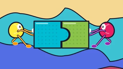 2D Cartoon Abstract Characters Pushing Puzzle Pieces Together Teamwork Animation Stock-Footage 341755312