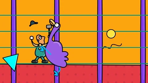 2D Cartoon Animation Of Worker With Hammer And Purple Emu Walking By Fence Stock Footage 341397037