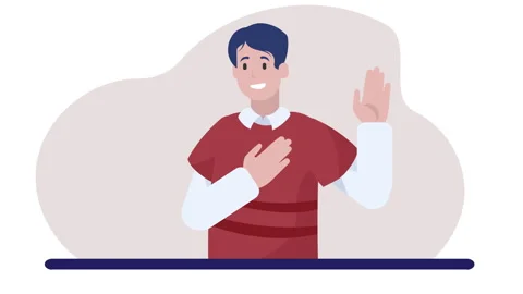 2D cartoon animation of a young man making an oath, placing one hand ove Видео 286379035