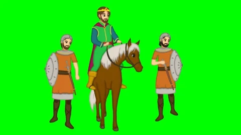 2d cartoon character of king riding horse, talking to people. Stock Footage 295535531