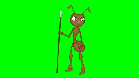 2d cartoon character of sentry ant with spear, looking around, green screen. Stock-Footage 295535527