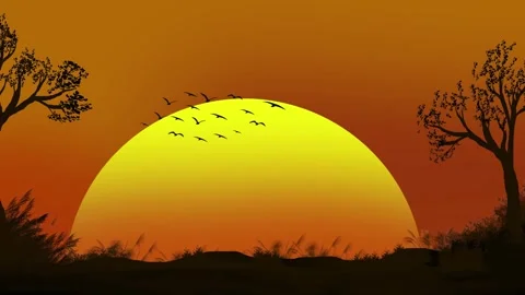 2d cartoon landscape sunset down yellow sky flock of birds fly 4k animation Stock Footage 279260142