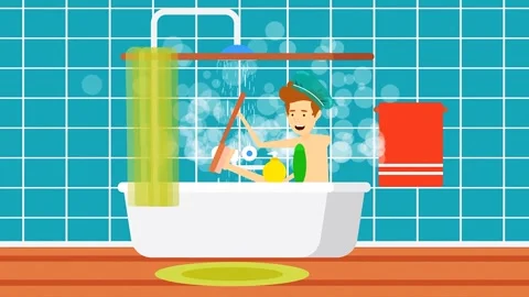 2d Cartoon Man Having Bath In Bathtub Singing, Brushing Feet And Back Vidéo 261426646