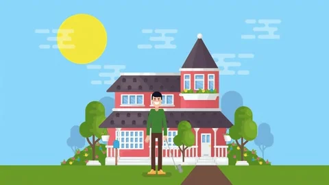 2D Cartoon Man Taking Selfies In Front Of Large House Vídeo Stock 304963911